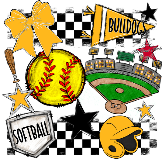 Bulldogs Checkers Softball Spirit Design-Yellow