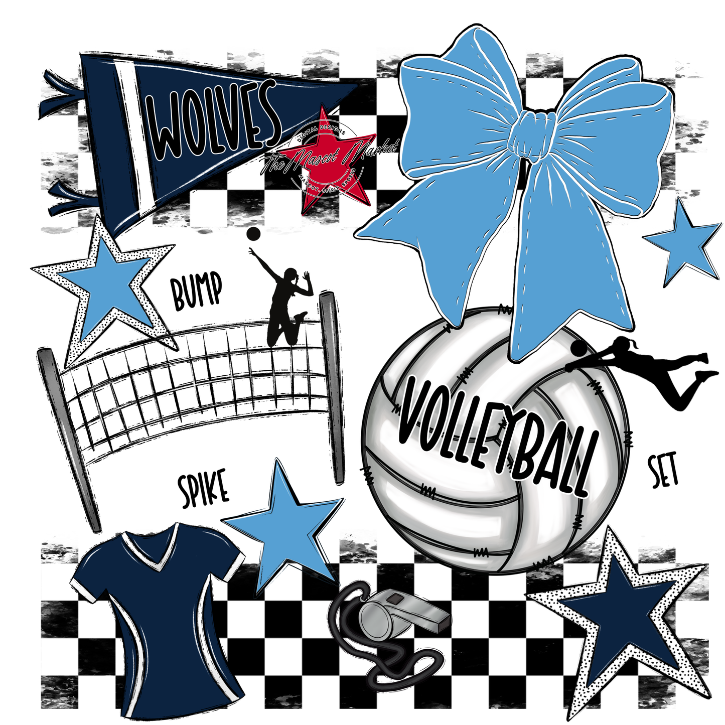 Wolves Checkers Volleyball Spirit Design-Navy-Carolina Blue