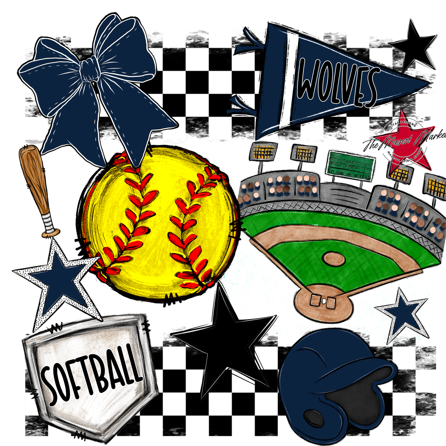 Wolves Checkers Softball Spirit Design-Navy