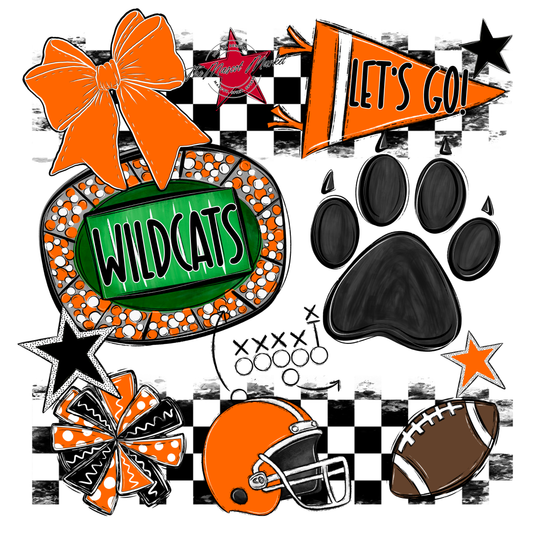 Wildcats Checkers Mascot Spirit Design w Paw-Orange