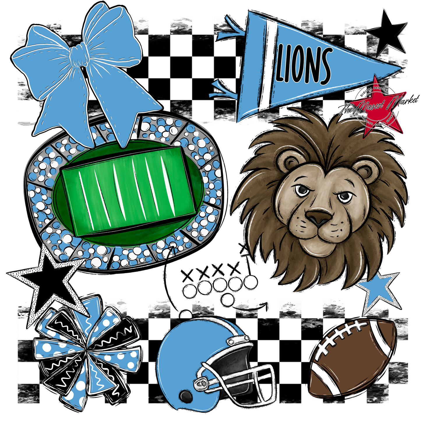 Lions Checkers Mascot Spirit Design-Carolina Blue