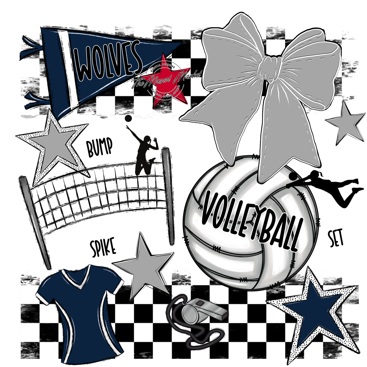 Wolves Checkers Volleyball Spirit Design-Navy-Grey
