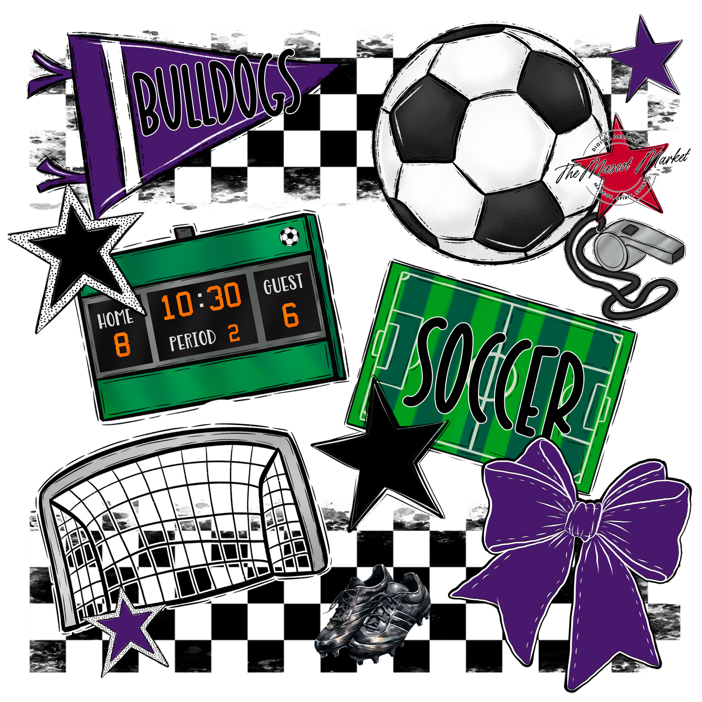 Bulldogs Checkers Soccer Spirit Design-Purple