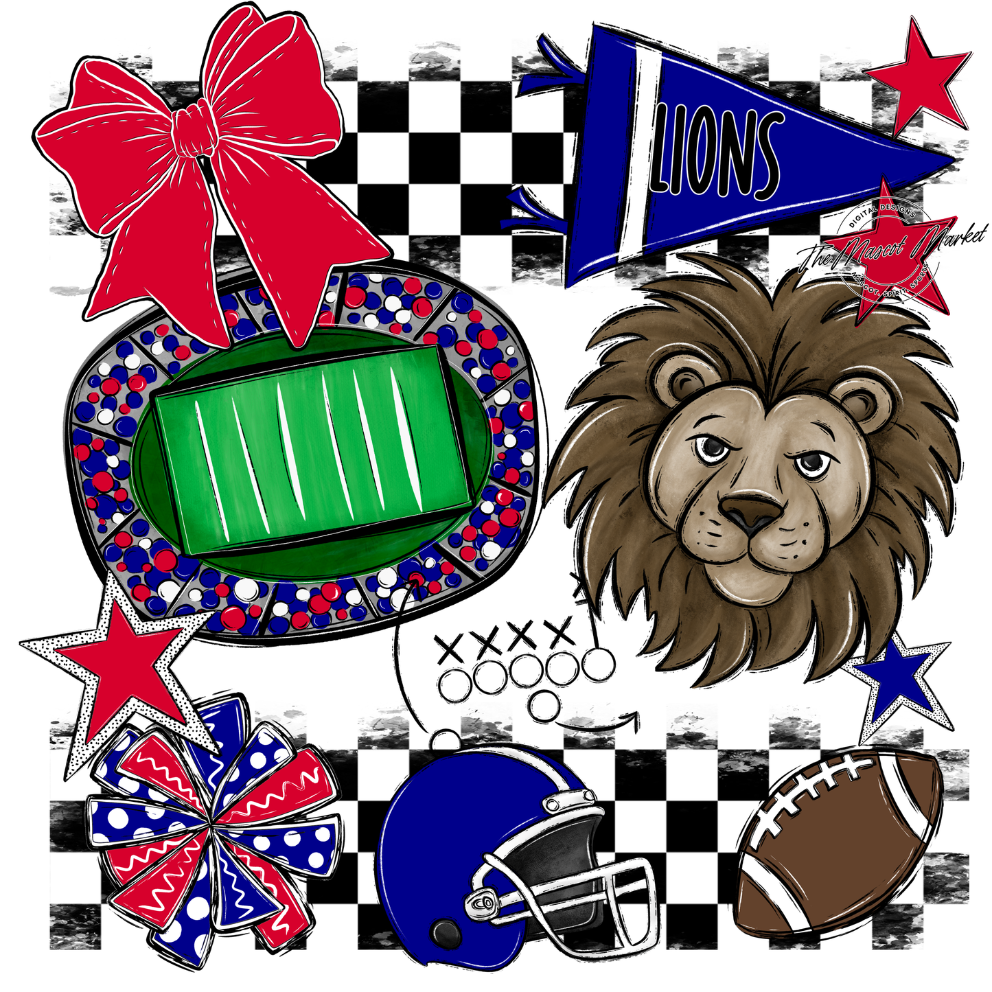 Lions Checkers Mascot Spirit Design-Blue-Red