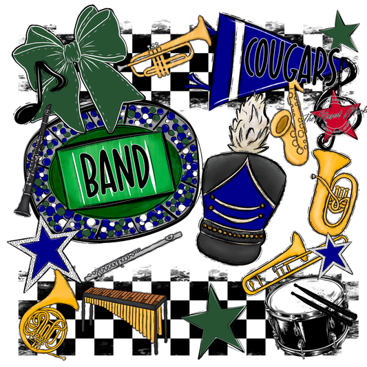 Cougars Checkers Band Spirit Design-Blue-Green