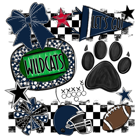 Wildcats Checkers Mascot Spirit Design w Paw-Navy