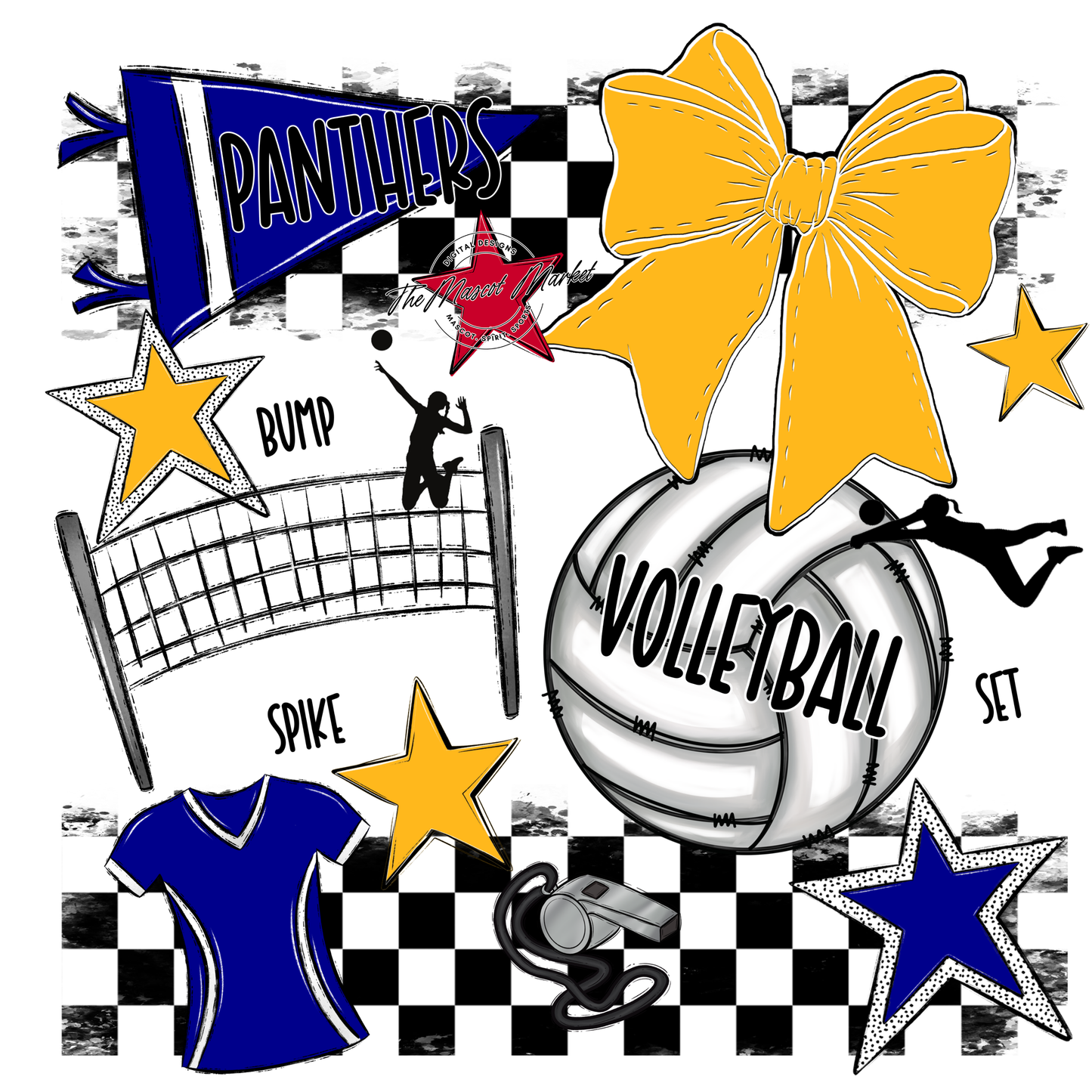 Panthers Checkers Volleyball Spirit Design-Blue-Yellow