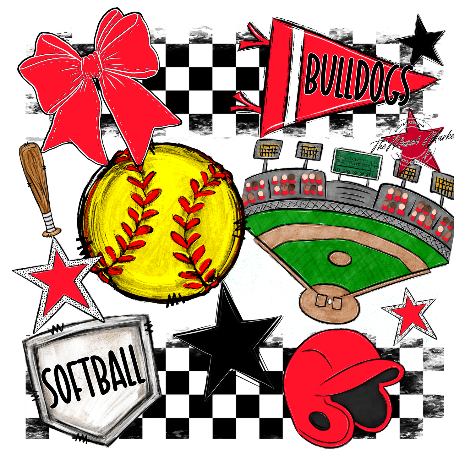 Bulldogs Checkers Softball Spirit Design-Bright Red