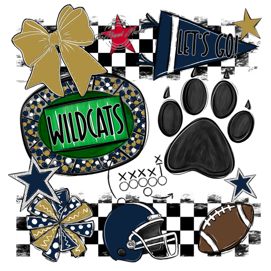 Wildcats Checkers Mascot Spirit Design w Paw-Navy-Gold