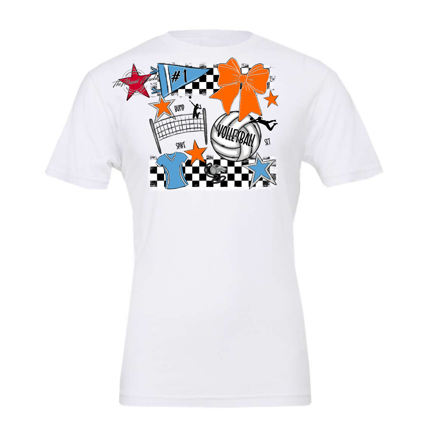 Volleyball Checkers Spirit Design-Carolina Blue-Orange