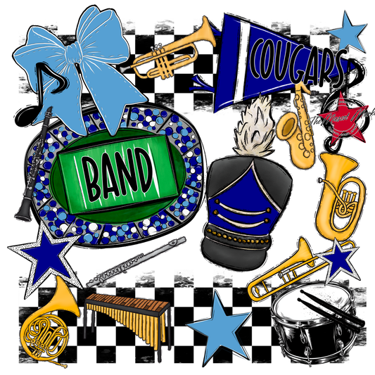 Cougars Checkers Band Spirit Design-Blue-Carolina Blue