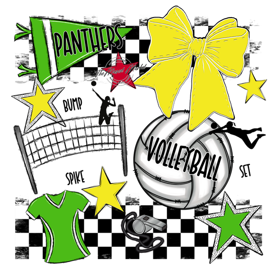 Panthers Checkers Volleyball Spirit Design-Bright Green-Bright Yellow