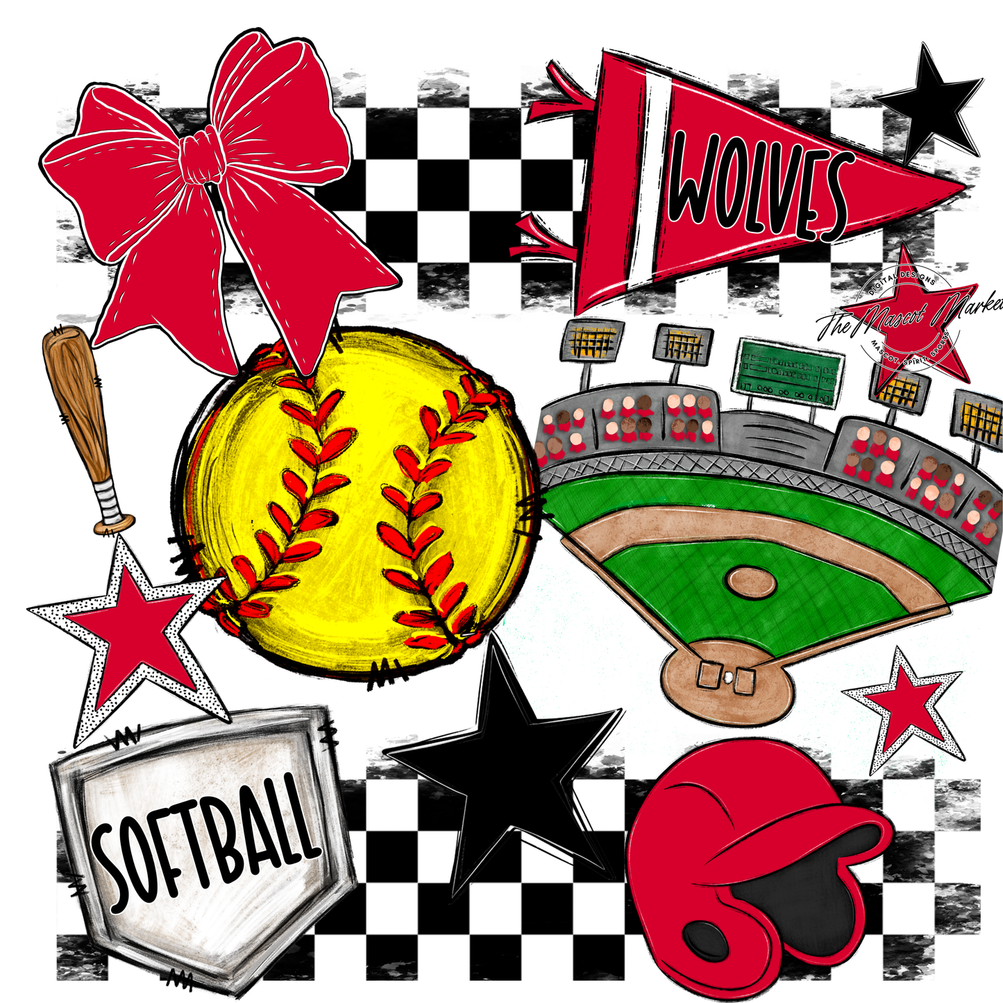 Wolves Checkers Softball Spirit Design-Red