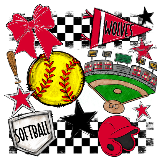 Wolves Checkers Softball Spirit Design-Red