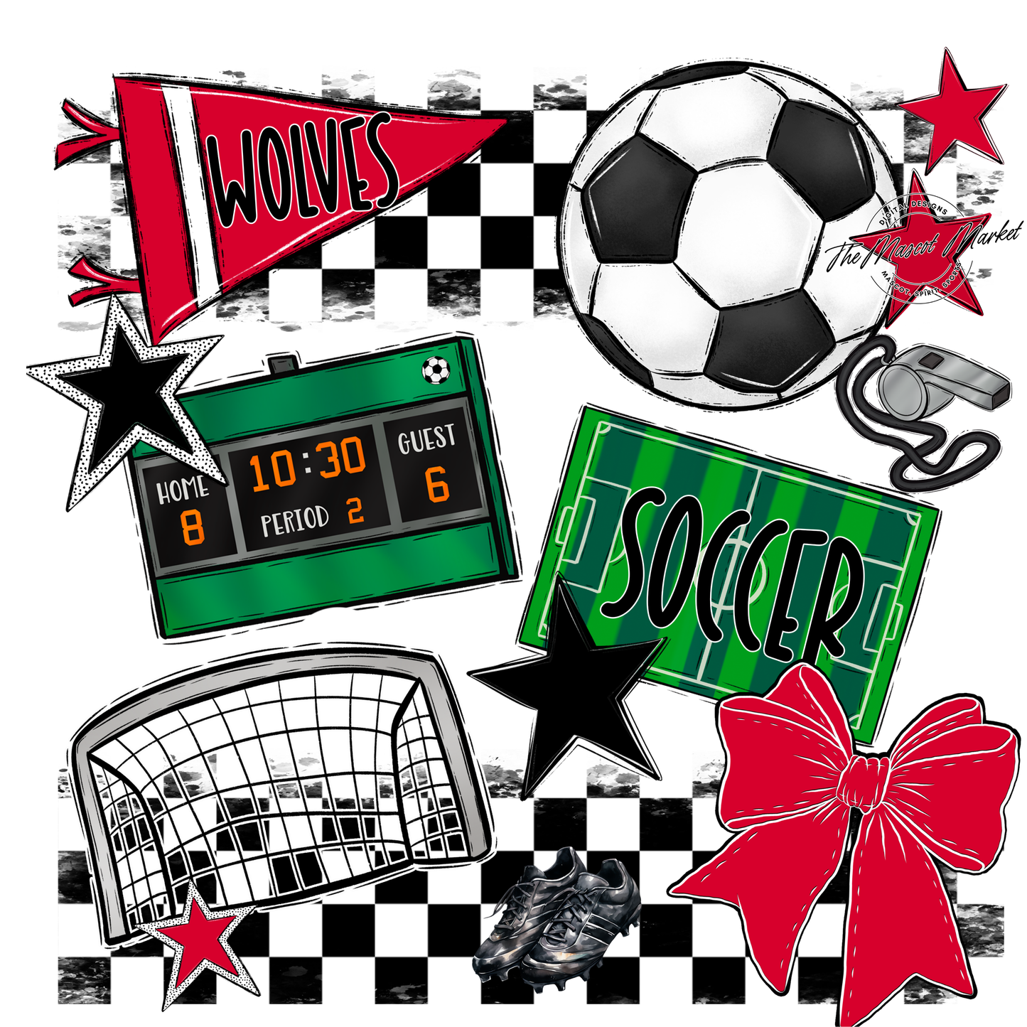 Wolves Checkers Soccer Spirit Design-Red