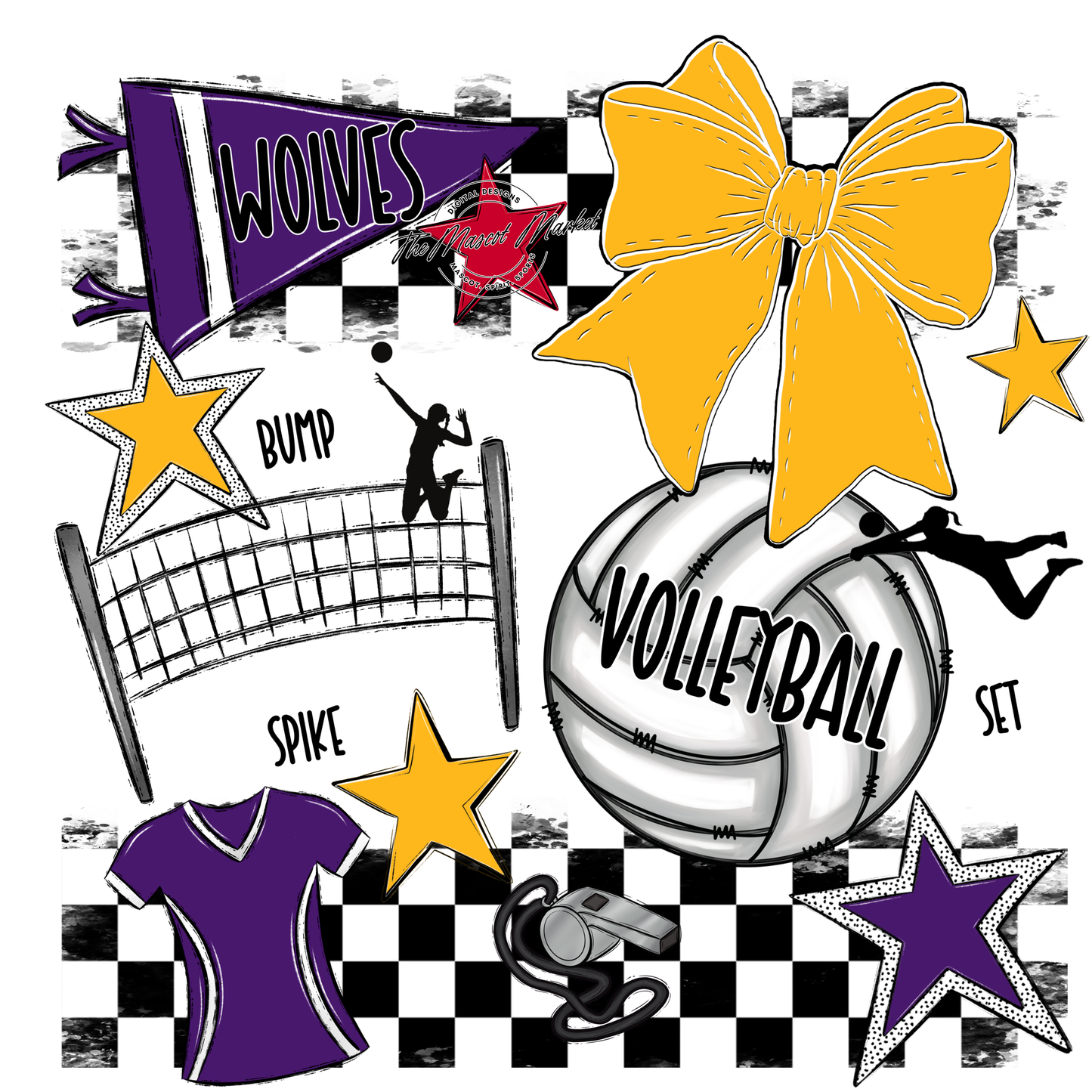 Wolves Checkers Volleyball Spirit Design-Purple-Yellow