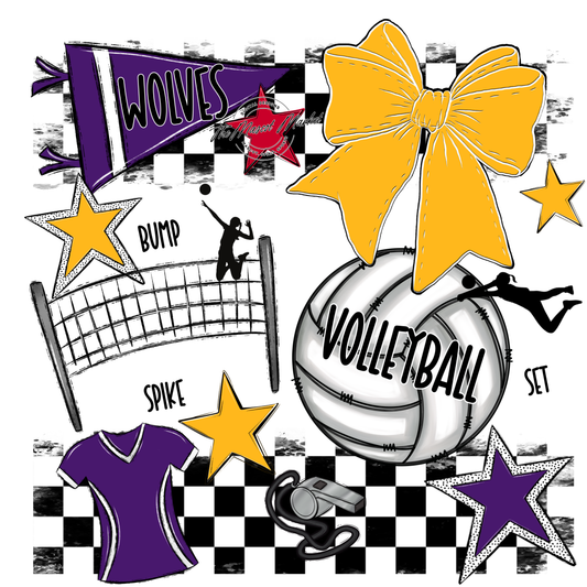 Wolves Checkers Volleyball Spirit Design-Purple-Yellow