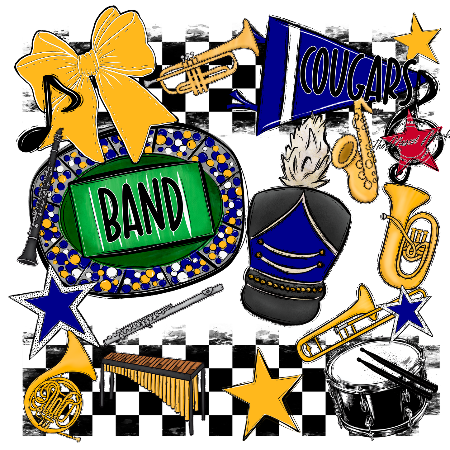 Cougars Checkers Band Spirit Design-Blue-Yellow