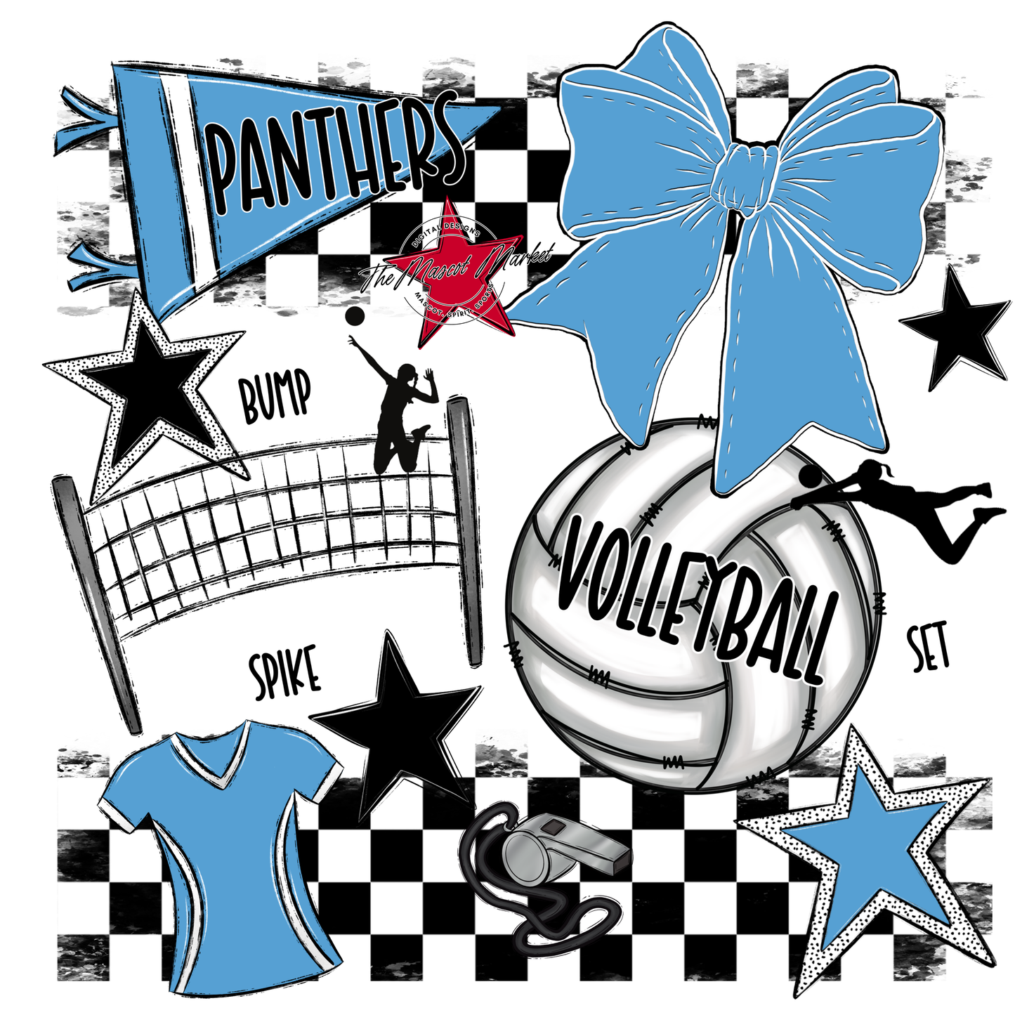 Panthers Checkers Volleyball Spirit Design-Carolina Blue
