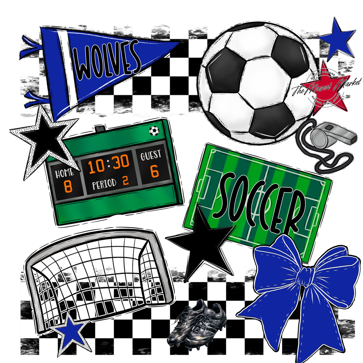 Wolves Checkers Soccer Spirit Design-Royal Blue