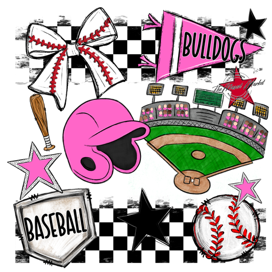 Bulldogs Checkers Baseball Spirit Design-Baby Pink
