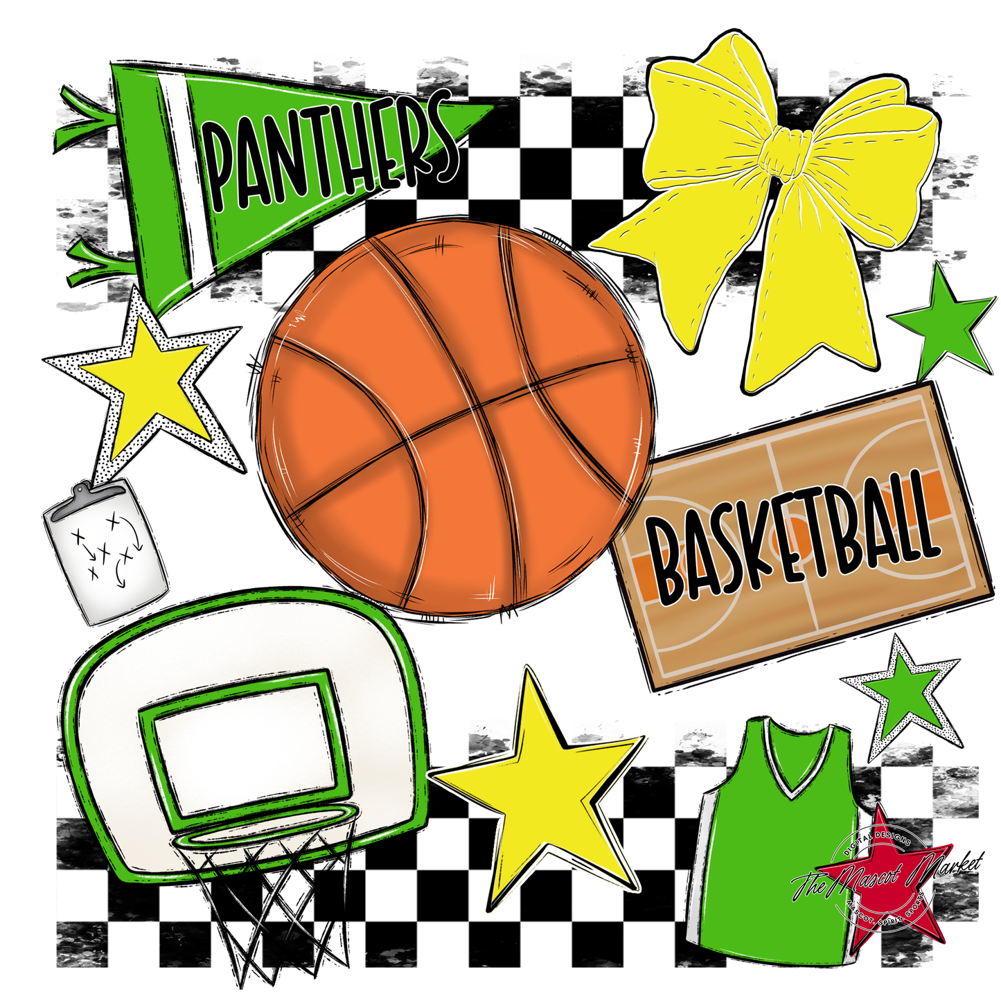 Panthers Checkers Basketball Spirit Design-Bright Green-Bright Yellow
