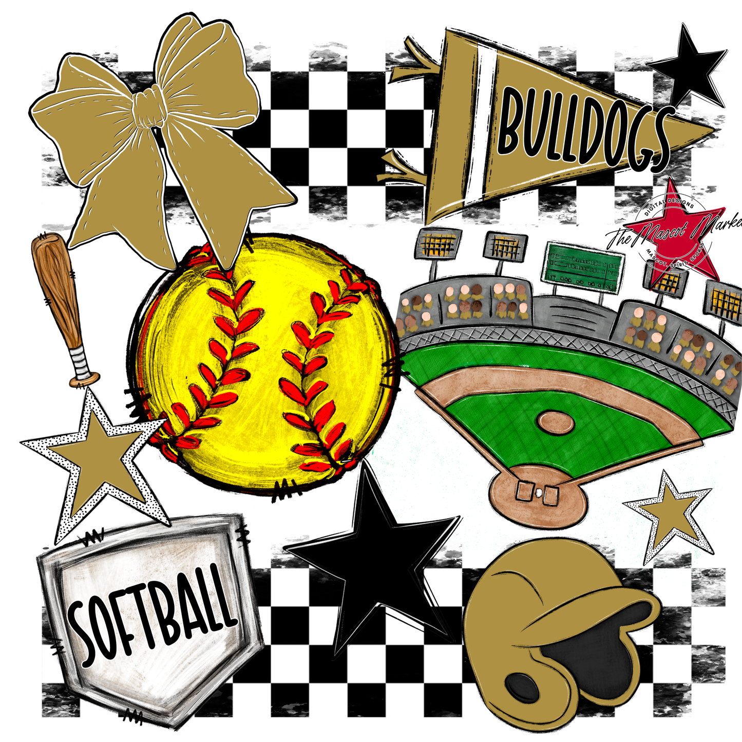 Bulldogs Checkers Softball Spirit Design-Gold