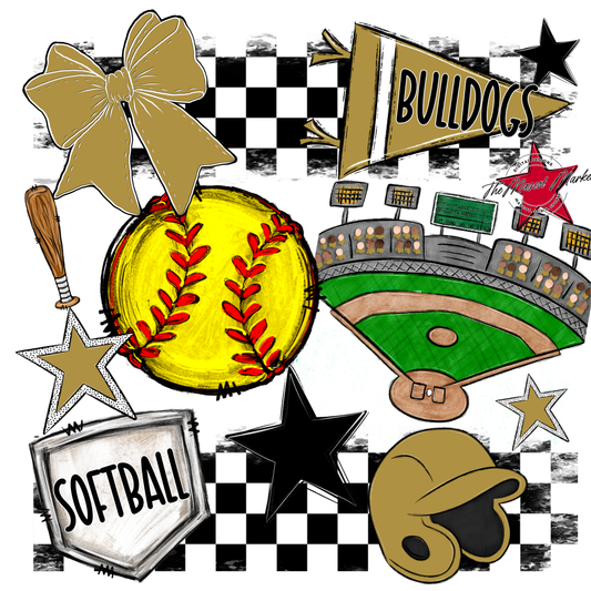 Bulldogs Checkers Softball Spirit Design-Gold