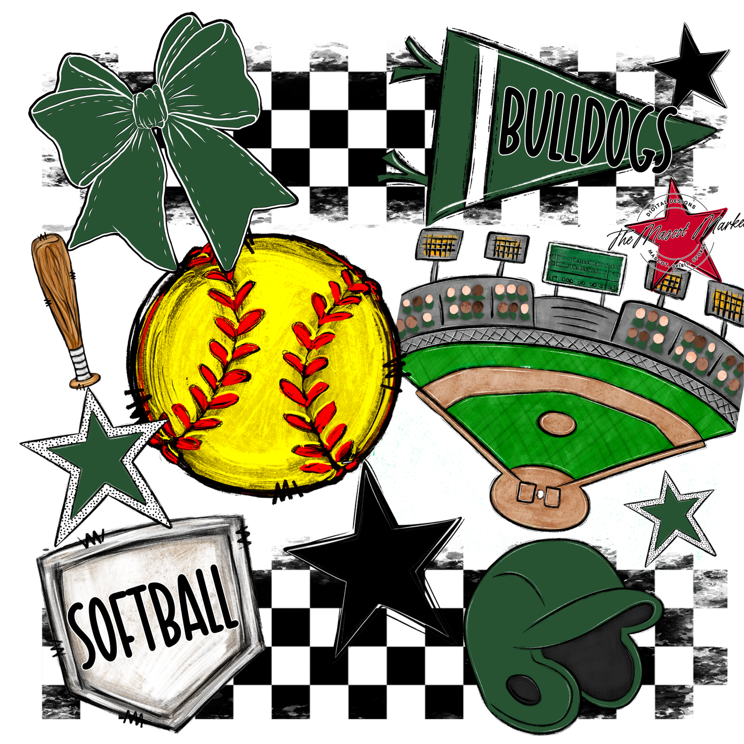 Bulldogs Checkers Softball Spirit Design-Green