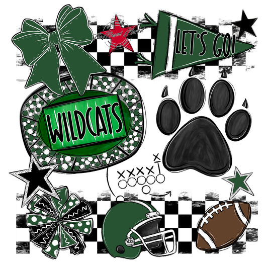 Wildcats Checkers Mascot Spirit Design w Paw-Green