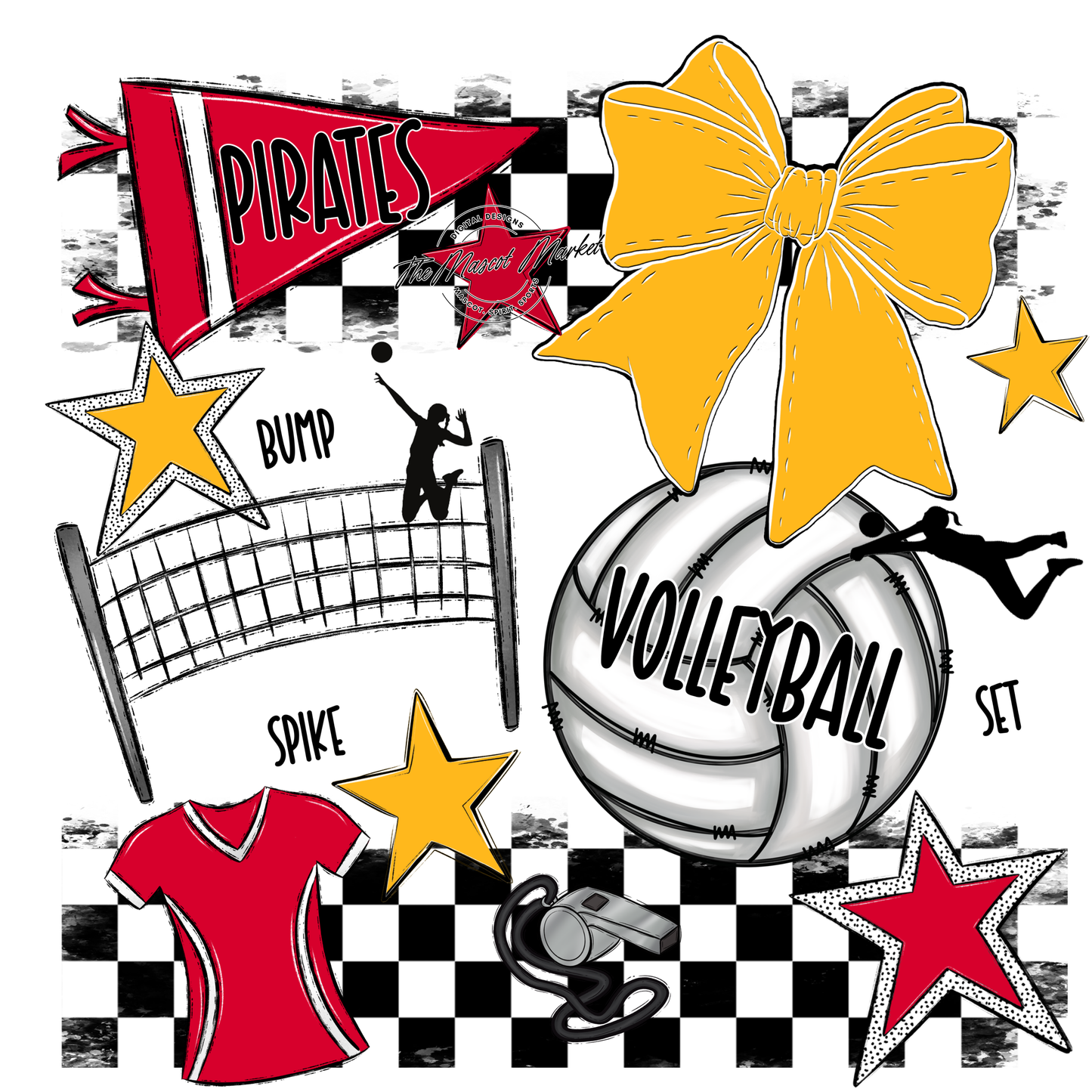 Pirates Checkers Volleyball Spirit Design-Red-Yellow