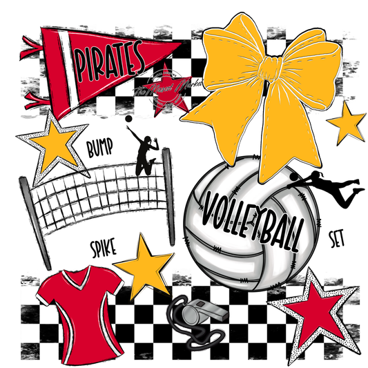 Pirates Checkers Volleyball Spirit Design-Red-Yellow