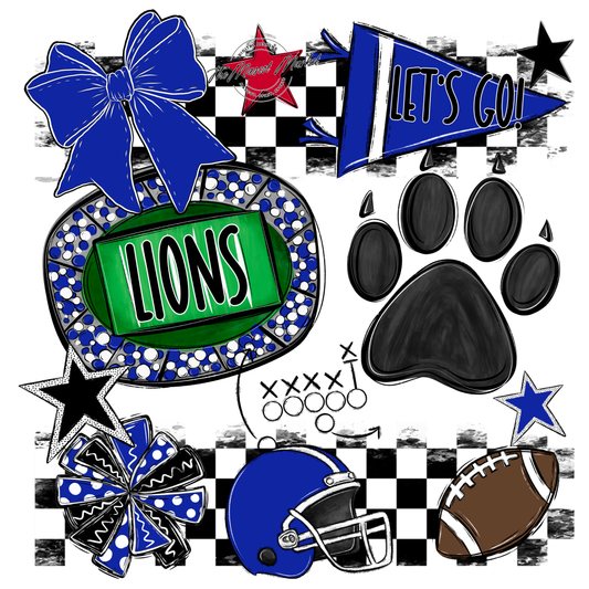 Lions Checkers Mascot Spirit Design w Paw-Blue
