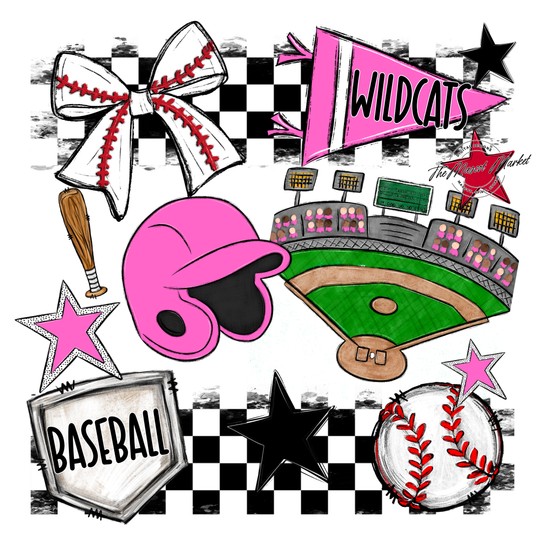 Wildcats Checkers Baseball Spirit Design-Baby Pink