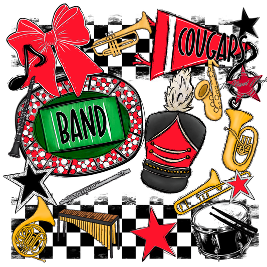 Cougars Checkers Band Spirit Design-Bright Red