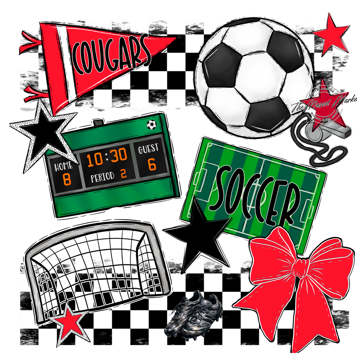 Cougars Checkers Soccer Spirit Design-Bright Red
