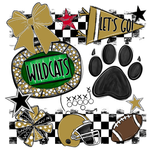 Wildcats Checkers Mascot Spirit Design w Paw-Gold