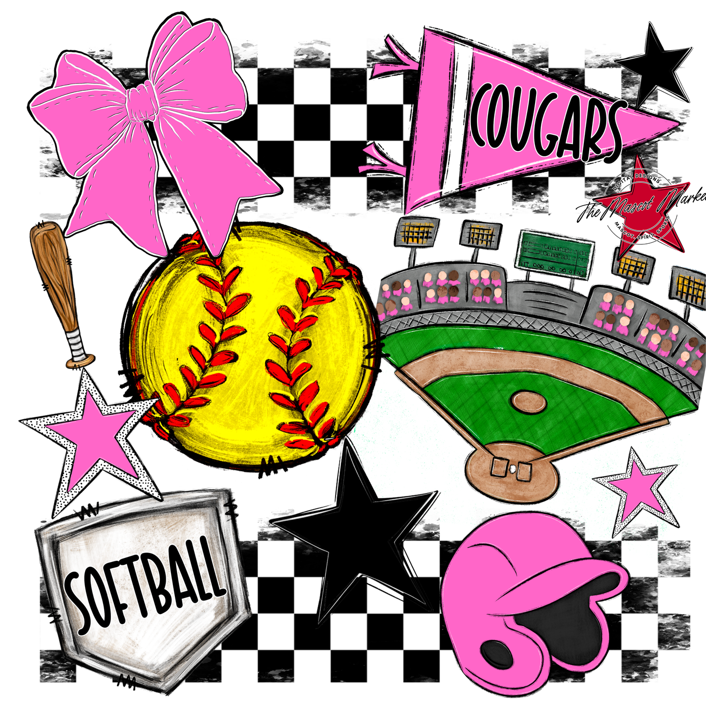 Cougars Checkers Softball Spirit Design-Baby Pink