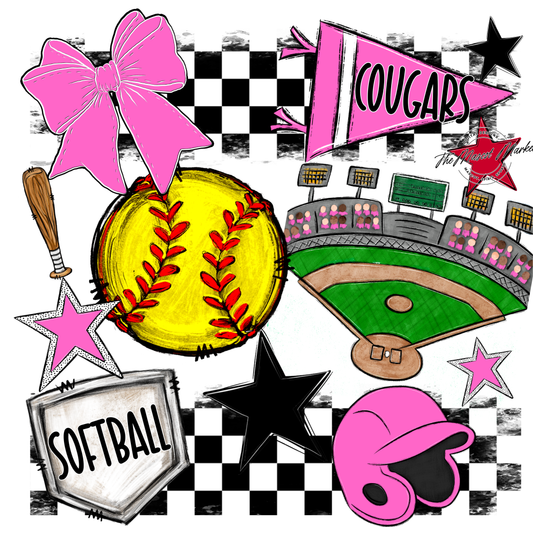 Cougars Checkers Softball Spirit Design-Baby Pink