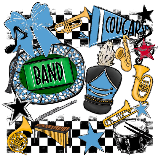 Cougars Checkers Band Spirit Design-Carolina Blue