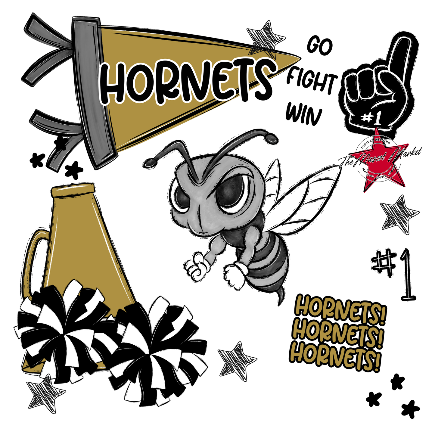 Hornets Mixed Mascot Spirit Design-Gold