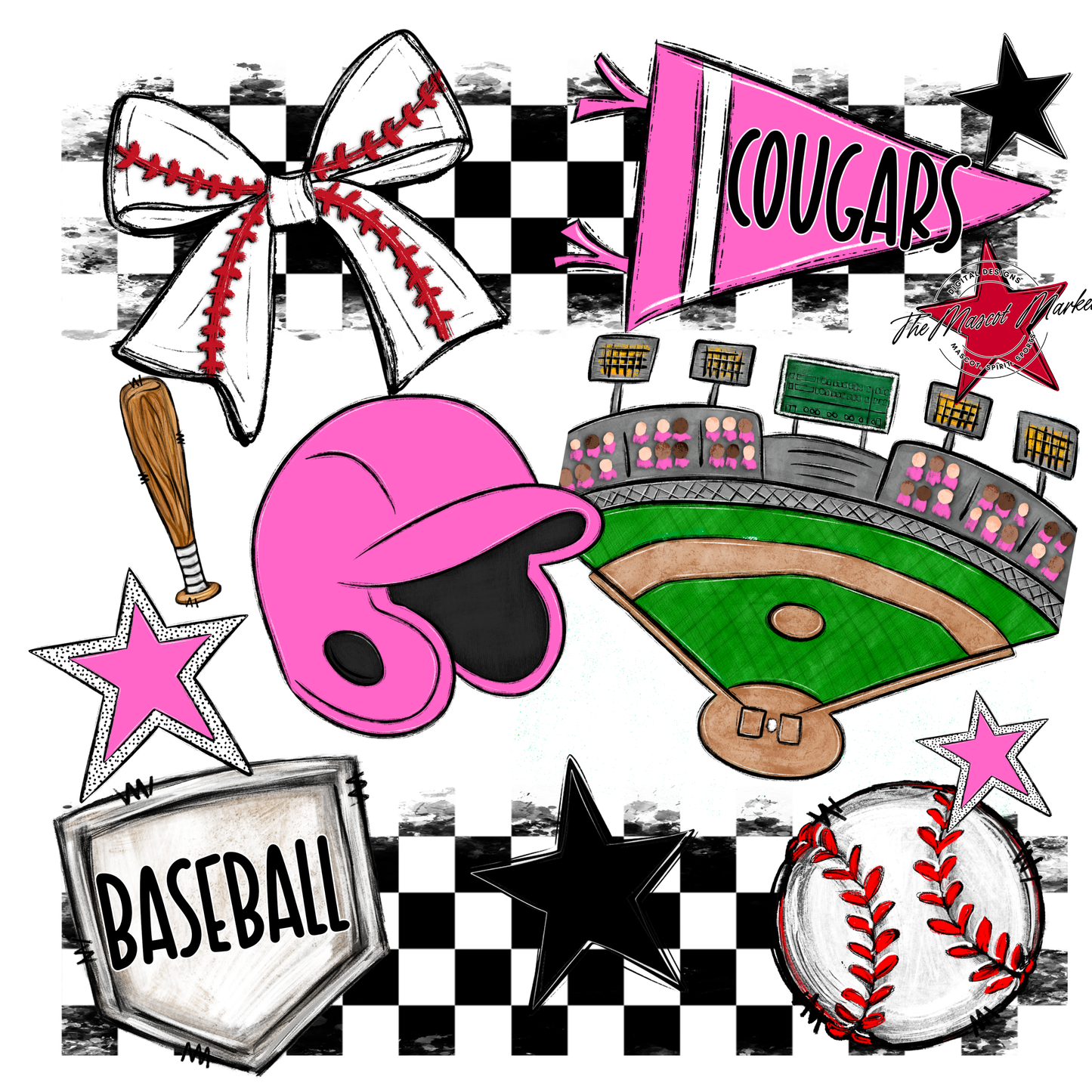 Cougars Checkers Baseball Spirit Design-Baby Pink