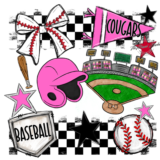Cougars Checkers Baseball Spirit Design-Baby Pink