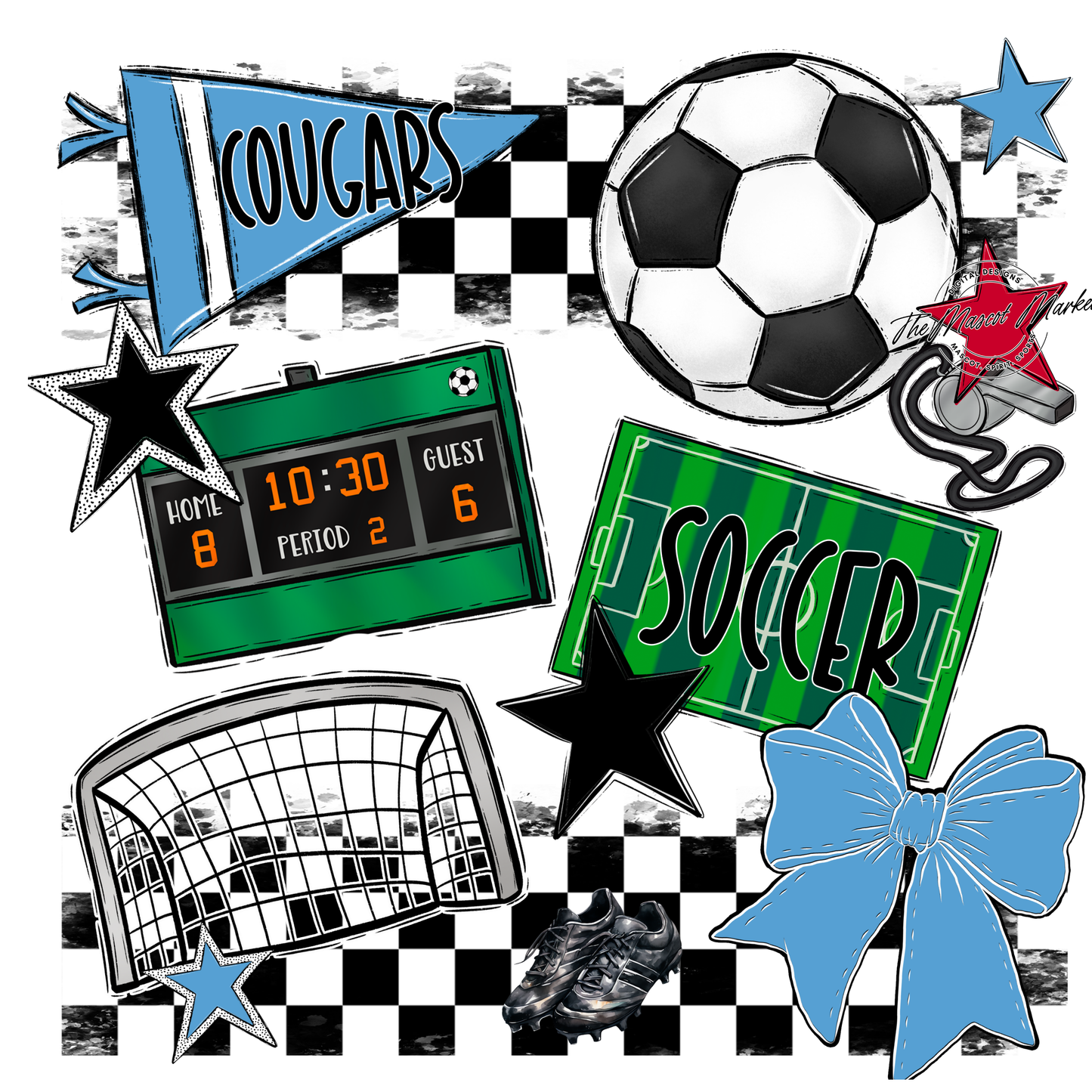 Cougars Checkers Soccer Spirit Design-Carolina Blue