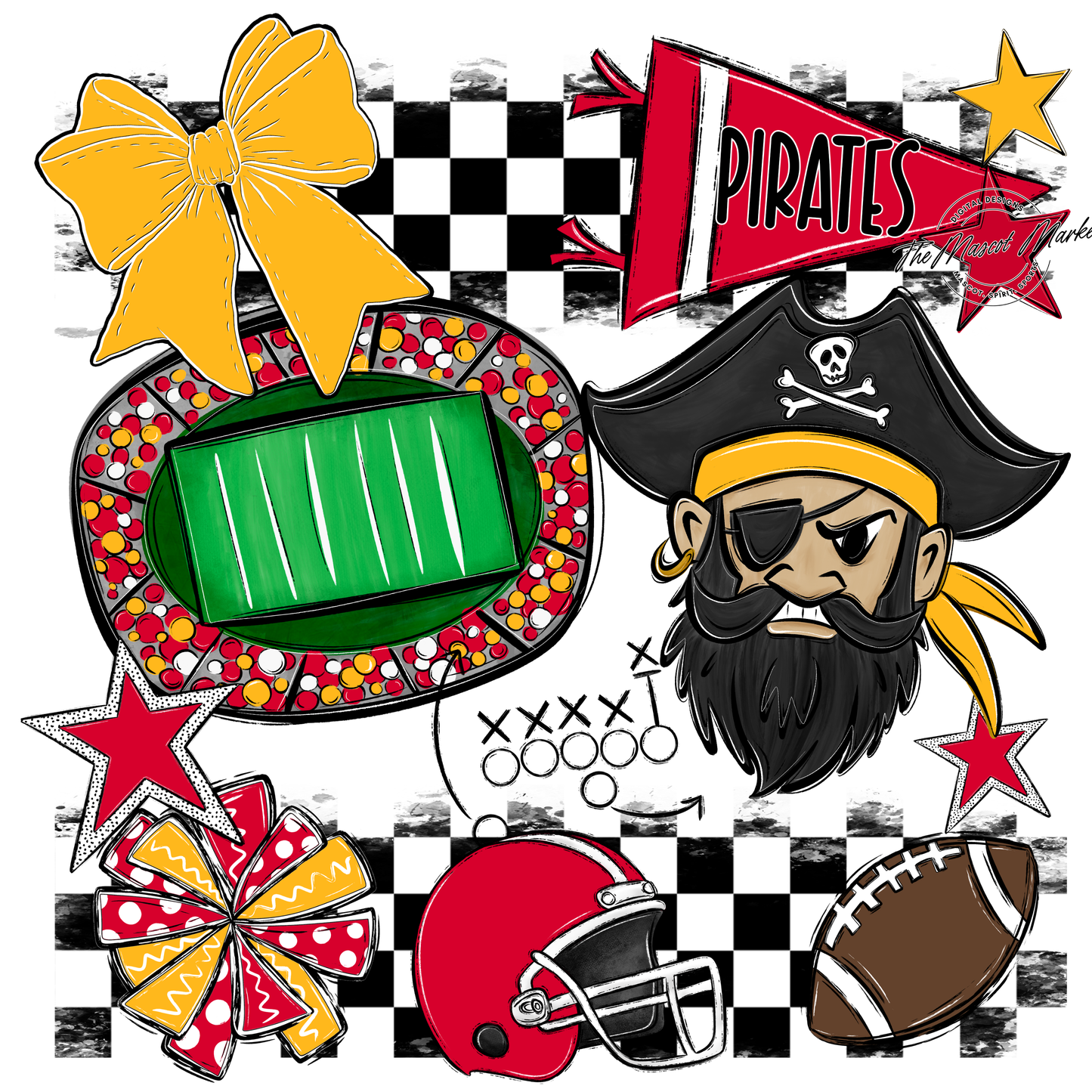 Pirates Checkers Mascot Spirit Design-Red-Yellow