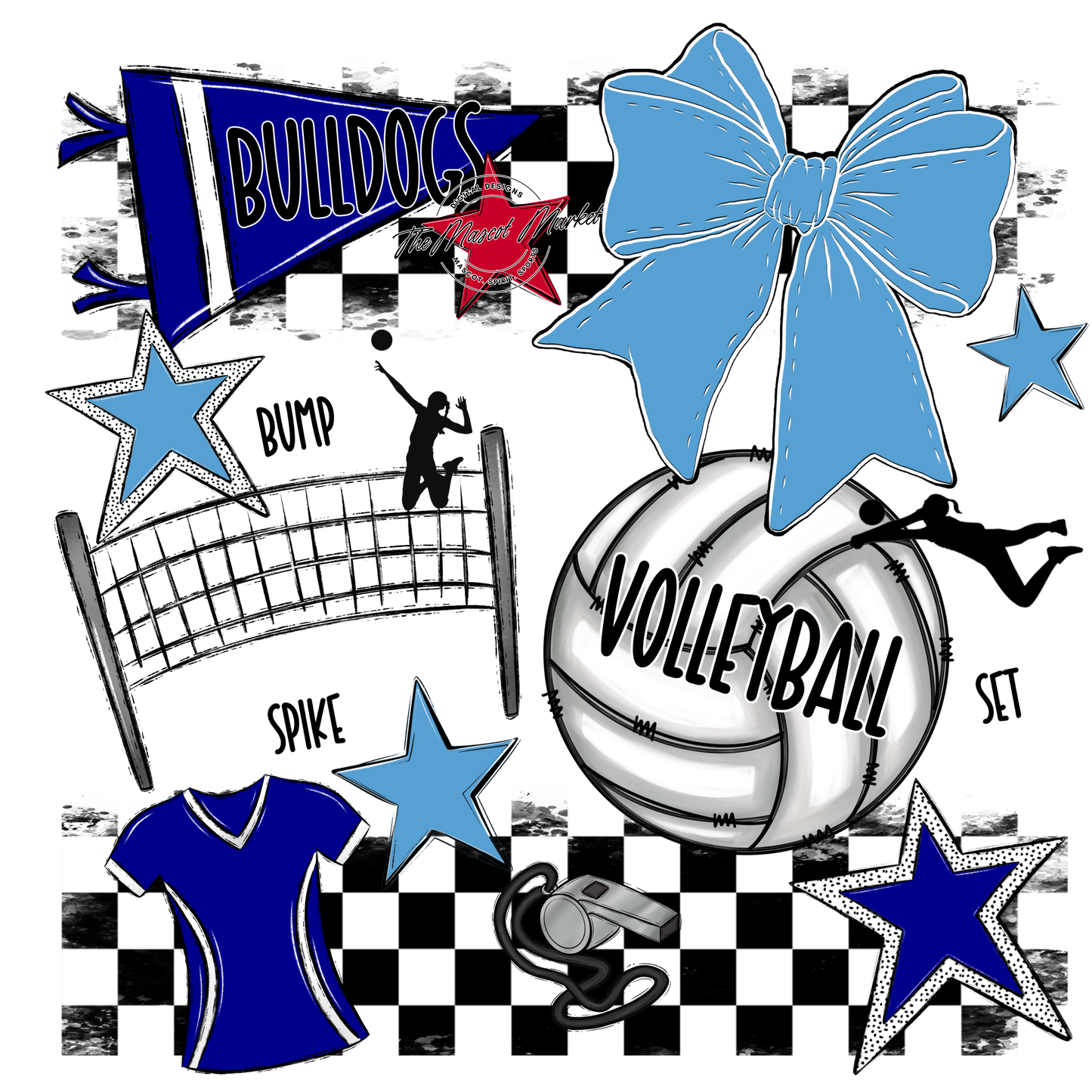 Bulldogs Checkers Volleyball Spirit Design-Blue-Carolina Blue