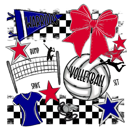 Warriors Checkers Volleyball Spirit Design-Blue-Red