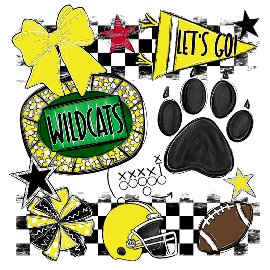 Wildcats Checkers Mascot Spirit Design w Paw-Bright Yellow