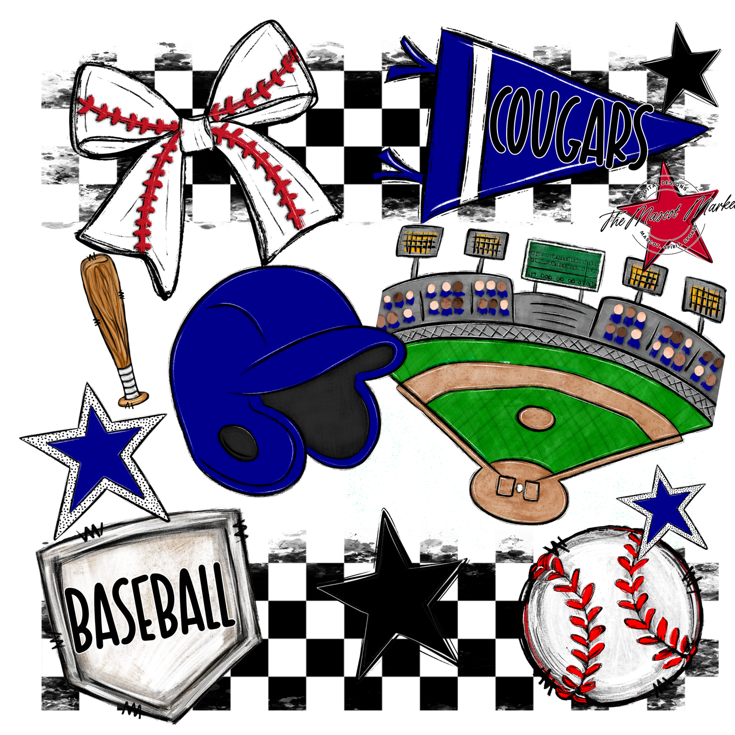 Cougars Checkers Baseball Spirit Design-Blue