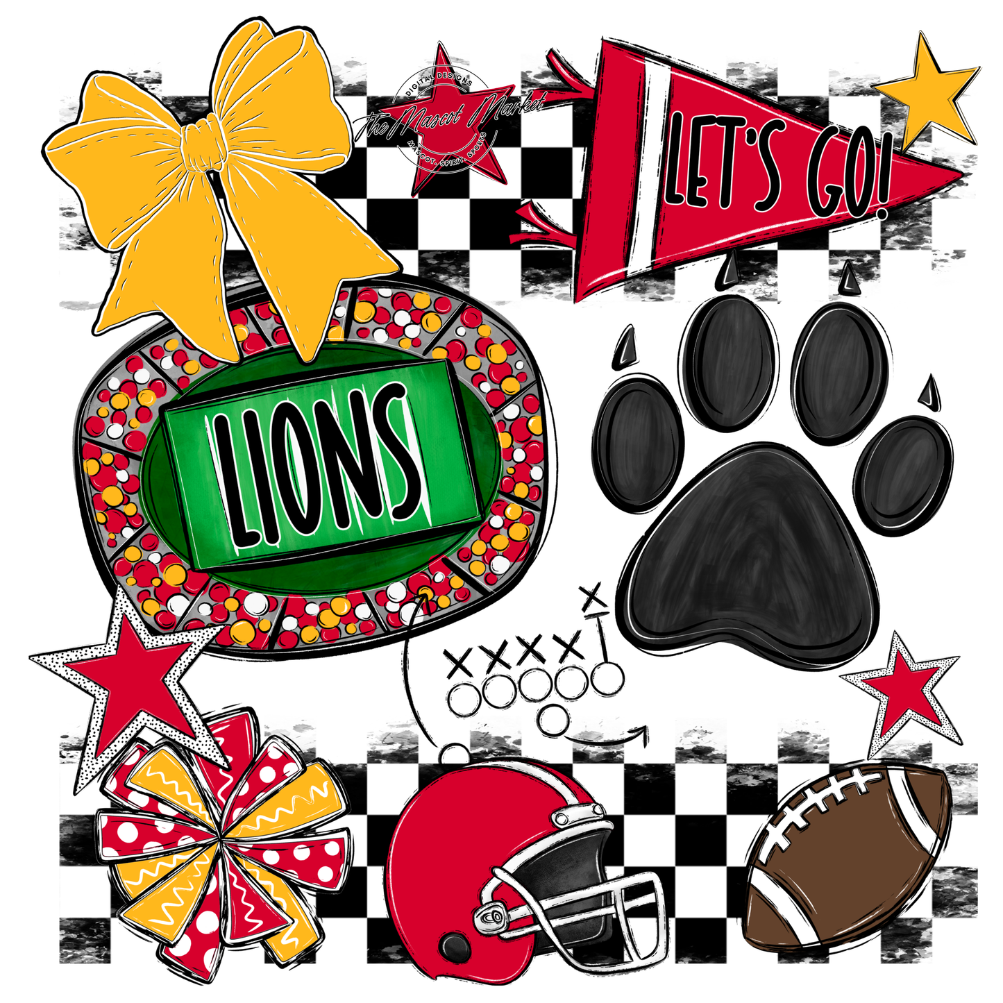 Lions Checkers Mascot Spirit Design w Paw-Red-Yellow